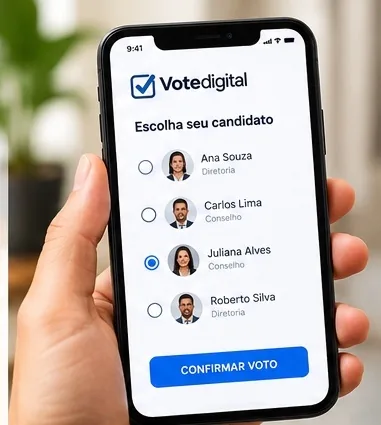 Eleitor escolhendo candidato pelo celular na plataforma VoteDigital